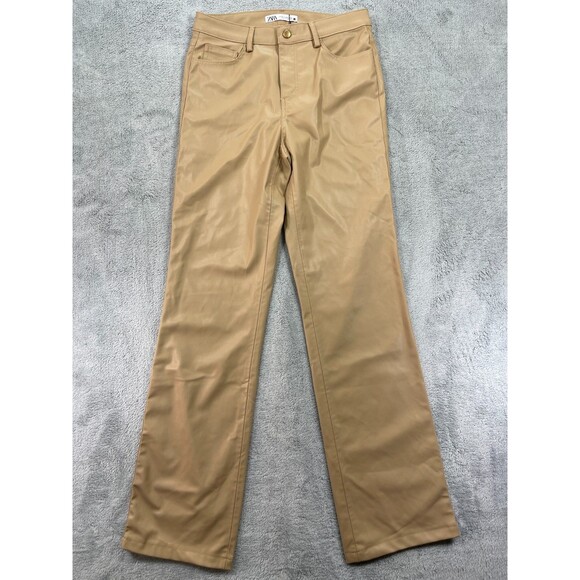 Zara Pants - Zara Faux Leather Bootcut Pants Womens 6 Beige Pockets High Rise Straight Leg